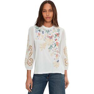 Johnny Was Arva 3/4 Mixed Media Tee Cotton Floral Embroiderd Shirt White Top NEW